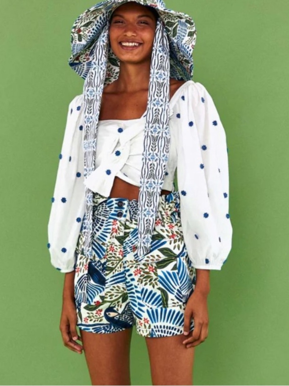 FARM Rio Cream Cropped Puff-Sleeve Top with Blue Embroidery